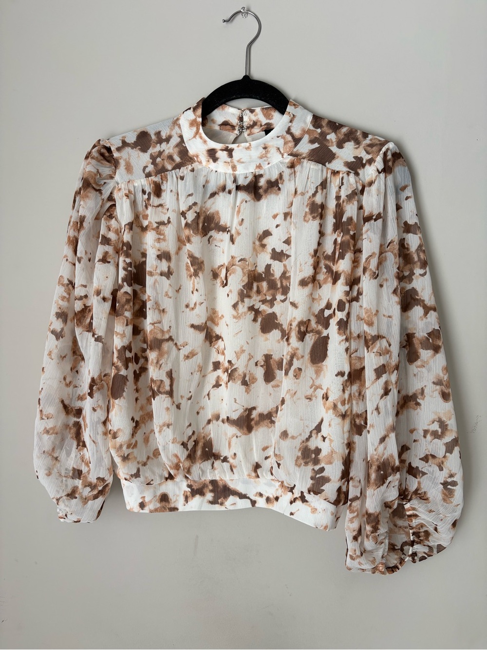 Express Cream Blouse with Brown Abstract Print Dressy; Elegant; Date Night Top